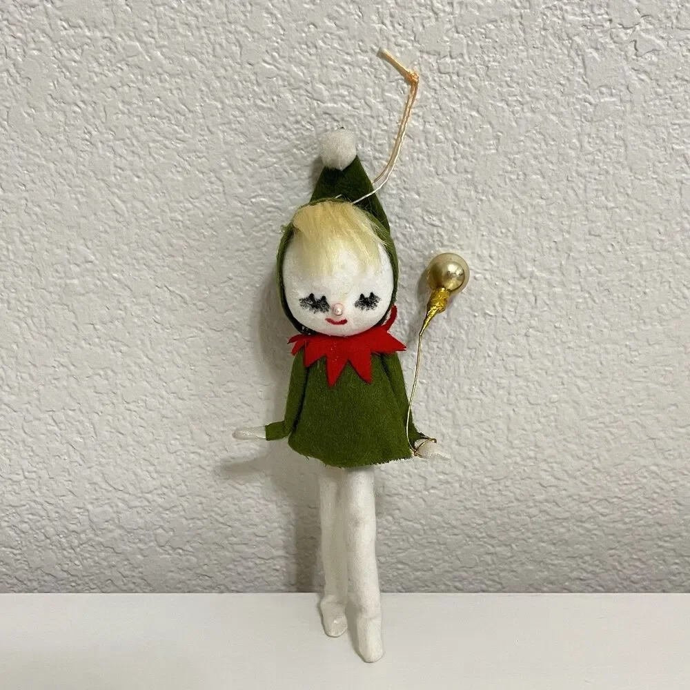 Vintage Flocked Felt Snow Baby Elf Christmas Ornaments Holding Balloons Lot of 2